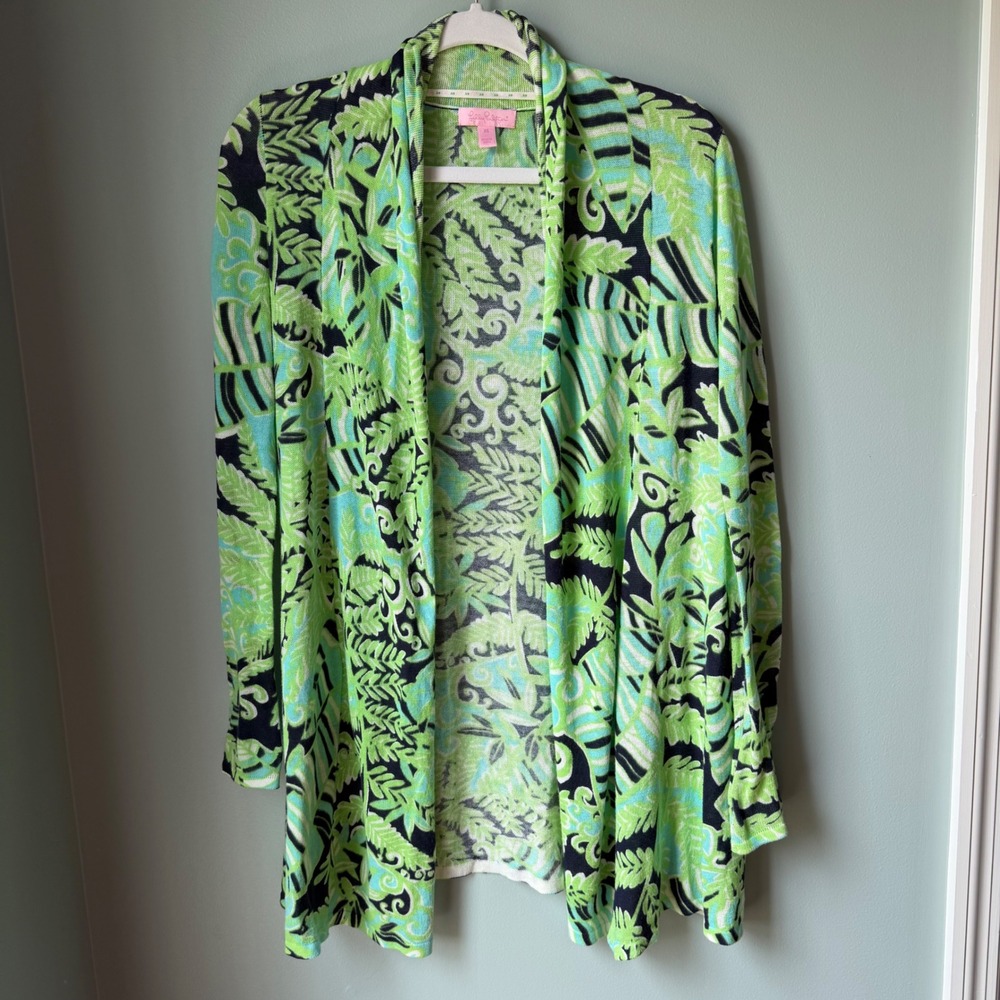 Lilly Pulitzer Cardigan Sweater Open Front Tropical Green Floral 100% Cotton XS